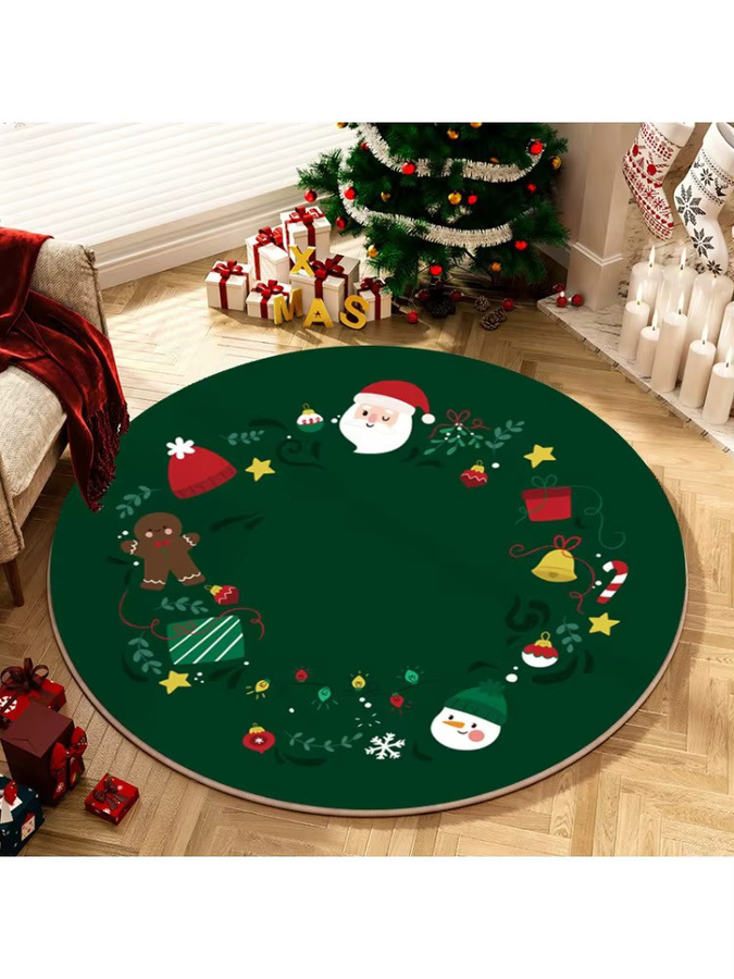Runder Weihnachts-Teppich mit Motiv aus Schneemann, Lebkuchen und Glocken in Grün, rutschfeste Bodenmatte für Wohnzimmer und Schlafzimmer - Bild 2