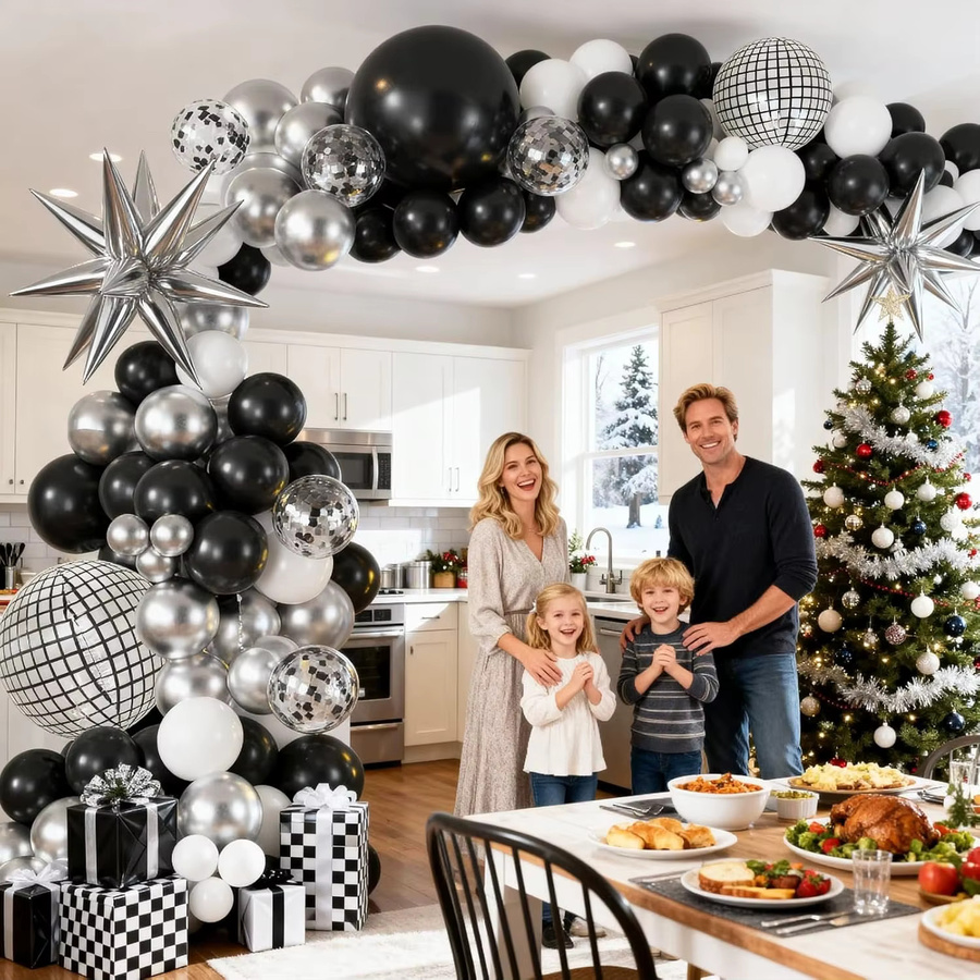 YAYB Ballongirlande Set mit Discokugeln in Silber, Schwarz und Weiß für deine Geburtstagsparty oder Silvesterfeier, 135 Stück - Bild 3