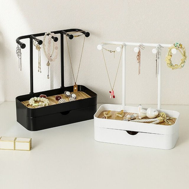 Tragbares Schmuck Display Rack mit Schublade und Holz Basis in Schwarz für Desktop-Aufbewahrung und Fotografie-Requisiten - Bild 1