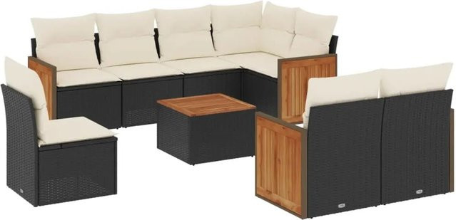 vidaXL 9-teilige Garten-Sofagarnitur aus Poly-Rattan und Akazienholz in Schwarz-Creme mit Kissen - Bild 1