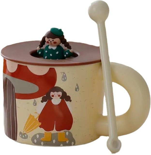 Kreative Keramiktasse mit Cartoon-Mädchen Design in Grau, 450 ml - Bild 1