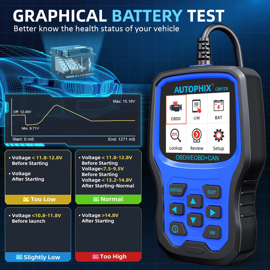 AUTOPHIX OM129 OBD2 Scanner 2-in-1 Batterietester und Motorfehlercode-Lesegerät mit I/M-Bereitschaftsprüfung für alle OBD2-Fahrzeuge ab 1996 - Bild 2