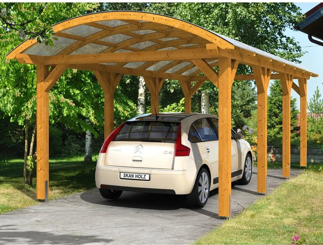 Skan Holz Carport Franken Bogendach aus Fichte Leimholz in Beige mit Doppelstegplatten B/T: 376 x 755 cm, Höhe: 293 cm - Bild 1