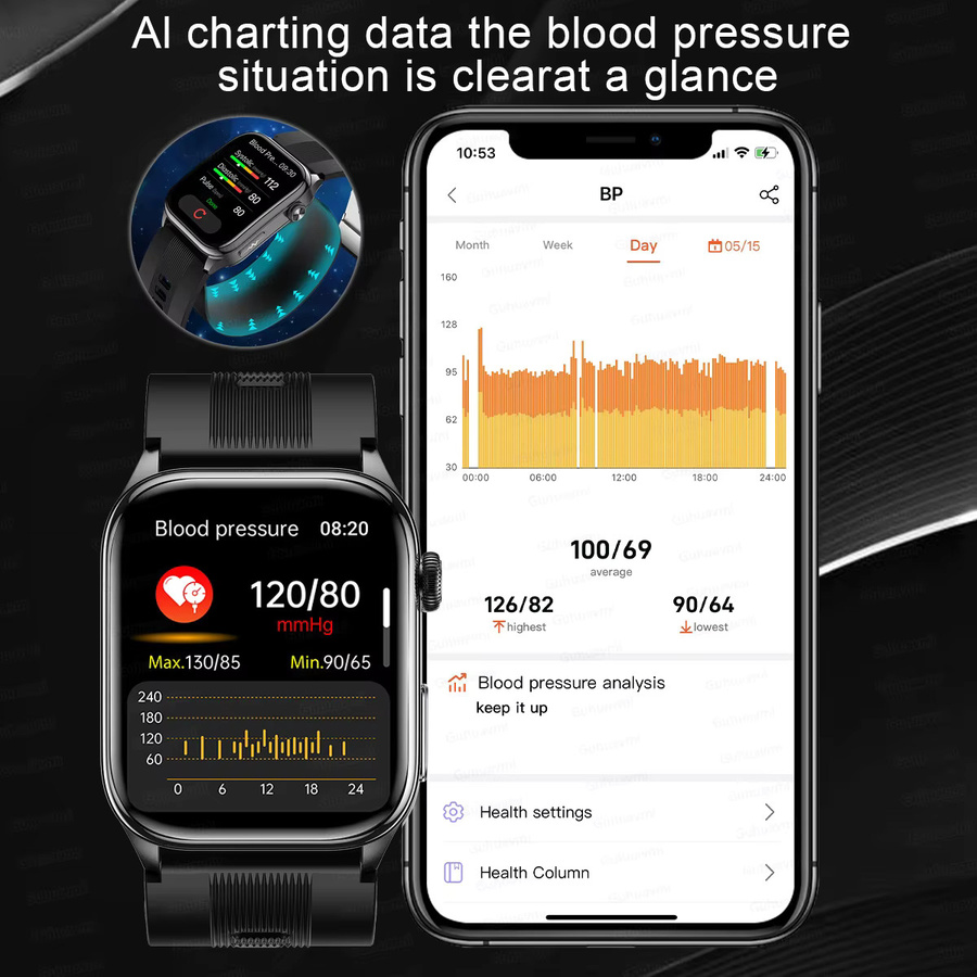 KAVSUMI Smartwatch mit integrierter Luftpumpe und Airbag, Schwarz, mit EKG, PPG, Blutsauerstoff-, Harnsäure- und Blutdruckmessung, Saphirglas und NFC - Bild 5