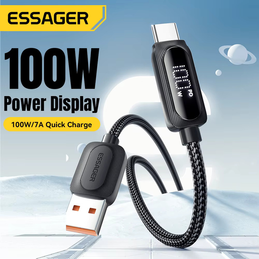 Essager 100W USB-auf-Typ-C-Schnellladekabel mit digitaler Anzeige in Schwarz - Bild 2
