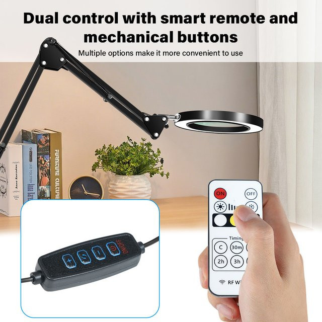 LED Schreibtischlampe mit 10-facher Lupe und Klemme in Schwarz, dimmbar mit 3 Farbmodi, Echtglaslinse und Schwenkarm für Home Office und professionelle Aufgaben - Bild 1