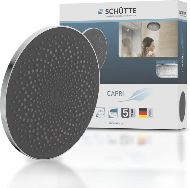 Schütte Kopfbrause CAPRI Rund in Chrom und Anthrazit mit Anti-Limescale-Funktion für Regen- und Nebelstrahl, Durchmesser: 26,0 cm - Bild 1