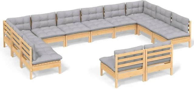 vidaXL 12-tlg. Garten-Lounge-Set aus massivem Kiefernholz in Braun-Grau mit grauen Polsterkissen in U-Form - Bild 1