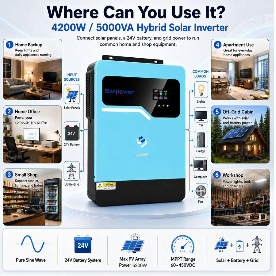 cnswipower 4200W MPPT Hybrid-Wechselrichter mit 120A Solarladegerät, reiner Sinus-Wechselrichter DC 24V zu AC 230V 50Hz, Farbe: Blau - Bild 3