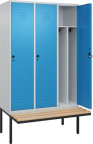C+P Spind Classic PLUS Garderobenspind mit Sitzbank, 3 Abteile, B/T/H: 212 x 120 x 81,5 cm, Sicherheits-Drehriegel, 4 Garderobenhaken, mittige Trennwand, auskragende Sitzbank aus Buche-Hartholz und Stahl - Bild 1