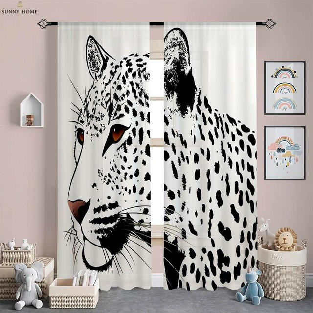 Dekorative Löwe Waldtier Fenster Vorhänge mit 3D Muster, 2er Set, Weiß, B: 50 cm, H: 140 cm - Bild 1