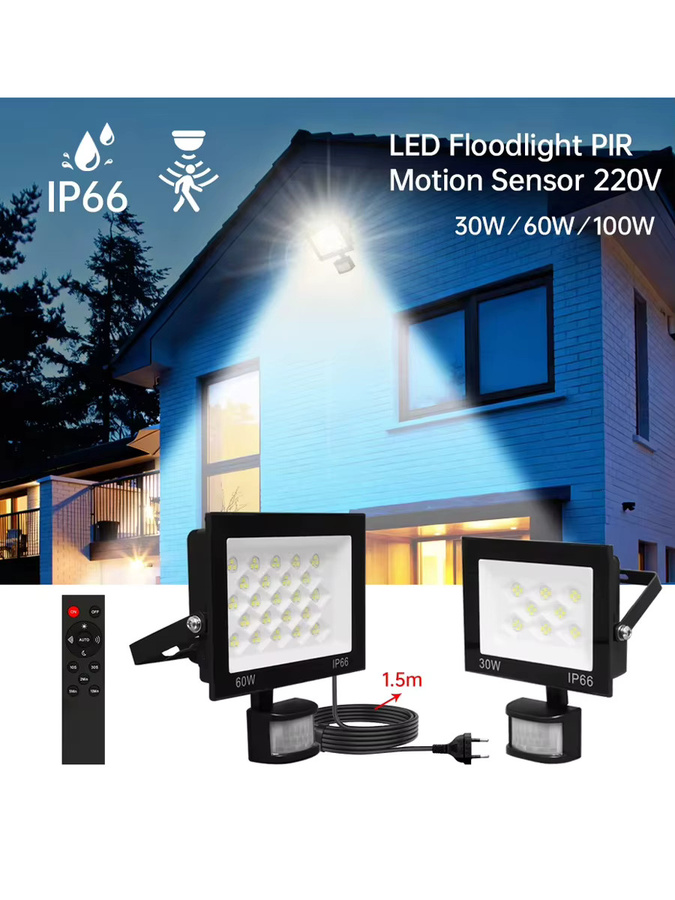 Asign LED-Flutlicht mit PIR-Bewegungssensor und Fernbedienung, 30W-100W, 6500K Kaltweiß, IP66 wasserdichter Außenstrahler für Garten und Wand, Weiß - Bild 7
