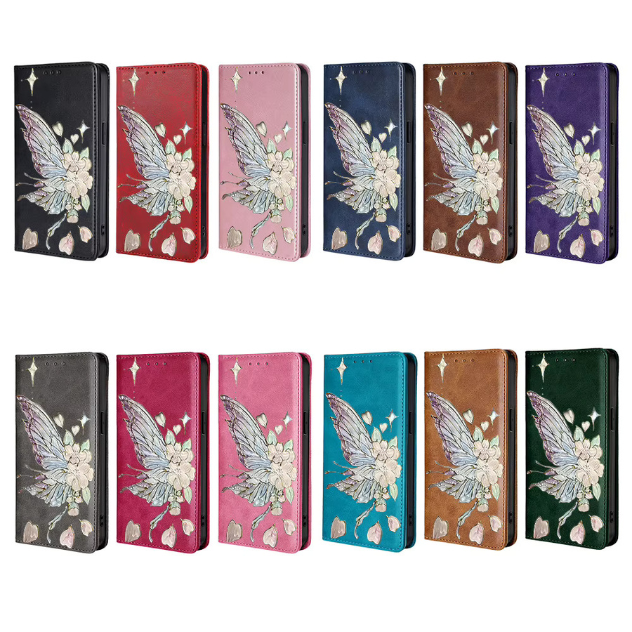 Magnetische Leder-Handtasche mit Schmetterlingsmuster als Flip Wallet Cover für iPhone 17 Pro Max, 16, 15, 14, 13, 12, 11 Pro Max, 16 Plus und 16E in Schwarz - Bild 6