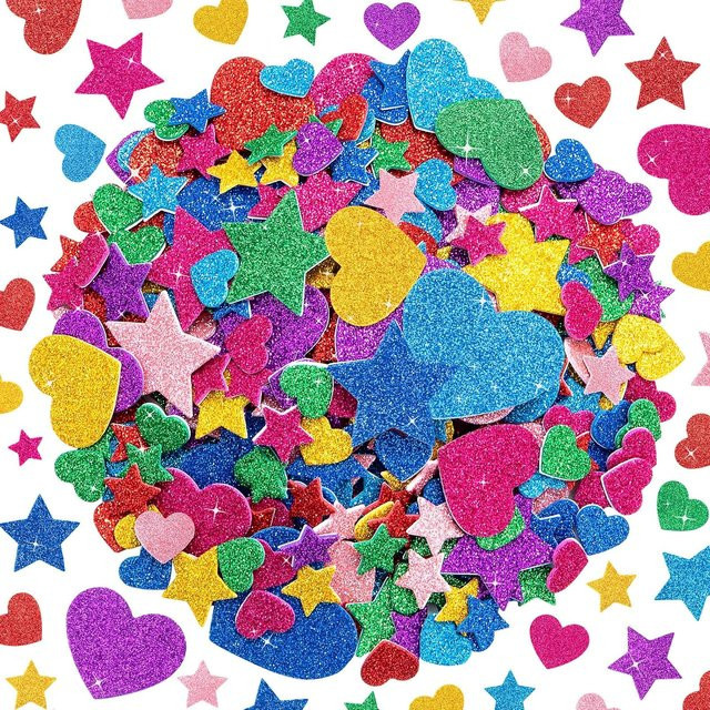 Selbstklebende Kinder-Glitzer-Schaumstoff-Aufkleber in Multicolour mit Herz- und Stern-Motiven für DIY-Projekte und Scrapbooking - Bild 1