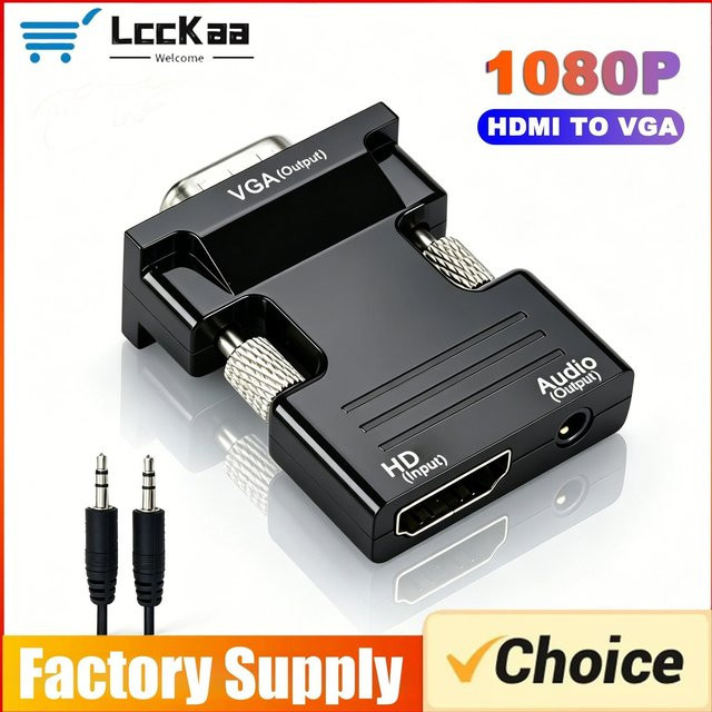 LccKaa HDMI-zu-VGA-Adapter in Schwarz mit 3,5-mm-Audioanschluss für 1080P Auflösung, kompatibel mit PC, Laptop, PS4, Monitor und Projektor - Bild 1