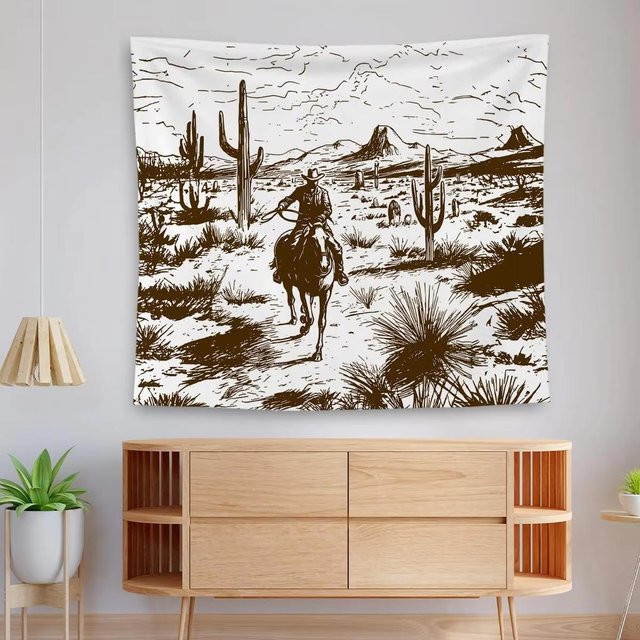 Vintage Western Cowboy Wandteppich mit Pferd und Wüstenlandschaft von JMG Household Supplies, Retro Wandbehang in Braun, Breite: 90 cm, Höhe: 60 cm - Bild 1