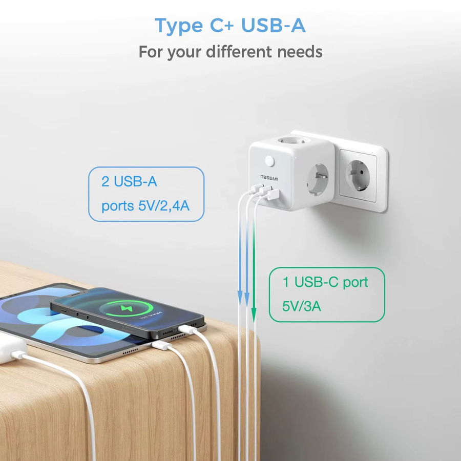 TESSAN Power Cube Mehrfachsteckdosenadapter mit 3 Steckdosen und 3 USB-Anschlüssen in Grau oder Weiß mit Überlastschutz - Bild 2