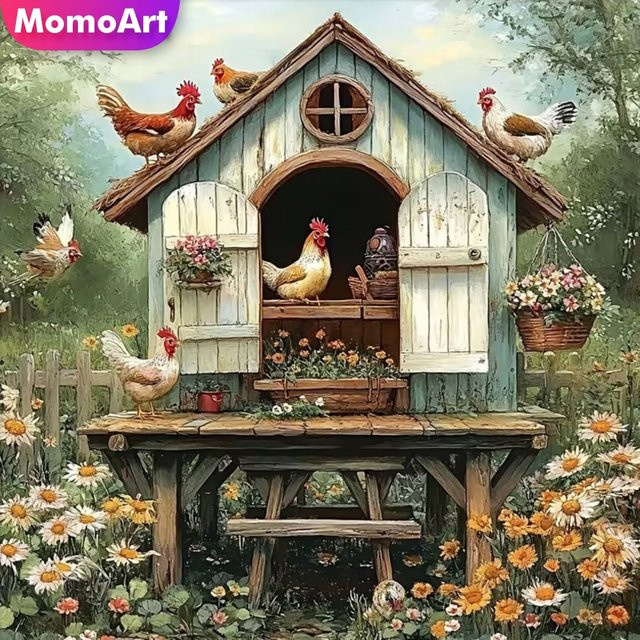 Momoart Diamant-Stickerei Hühnerhaus DIY-Malerei Landschafts-Heimdekoration in Multicolour mit runden Diamanten - Bild 1