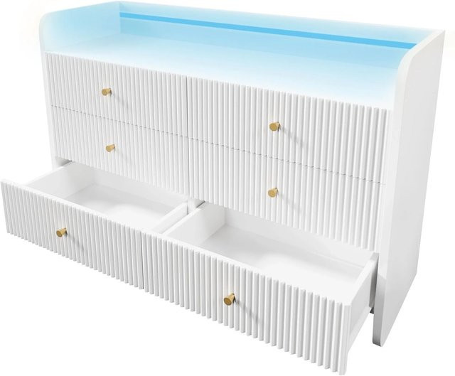 okwish Sideboard mit LED und 6 Schubladen im Wellen Design in Weiß, B/T/H: 120 x 40 x 75 cm - Bild 1