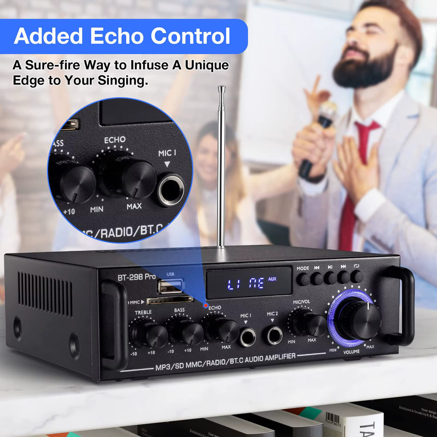 Stereo-Verstärker-Set Zweikanal-Heimverstärker in Schwarz mit Mikrofoneingang, Echo-Effekt, Bass- und Höhenregelung sowie USB, RCA und FM Schnittstellen - Bild 3