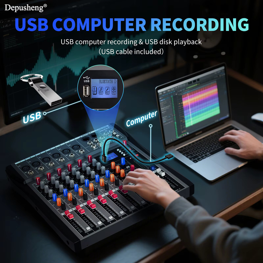 Depusheng DX6 Professioneller 6-Kanal Audiomixer mit Bluetooth und USB PC-Aufnahmeeingang, Schwarz - Bild 3