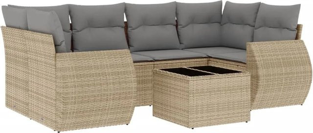 vidaXL 7-teilige Garten-Sofagarnitur in L-Form mit Kissen und Couchtisch, Beige/Grau, Poly Rattan und Metallgestell - Bild 1