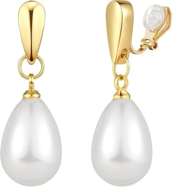 Townson Fashion Clip-Ohrringe, Messing, Gold, Perle, Damen, Teardrop beige - Bild 1