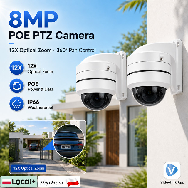 Aegiscam 2er-Set 8MP PoE PTZ Sicherheitskameras für den Außenbereich, Weiß, 12-fach optischer Zoom, IP66 wasserdichte Dome-CCTV-Kameras mit 360° Pan-Control, Audioaufnahme und App-Steuerung - Bild 1