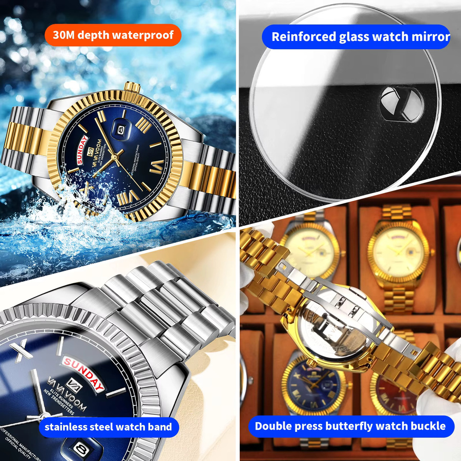 VA VA VOOM Armbanduhr Quarz, Edelstahl, 41 mm, Herren, Blau, Gold - Bild 3