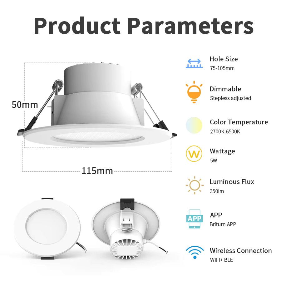 GGBEE Smart LED Einbaustrahler mit Wifi und Bluetooth, dimmbar, kompatibel mit Alexa und Google Assistant, 5W, Einbaumaß: 75-105 mm - Bild 2
