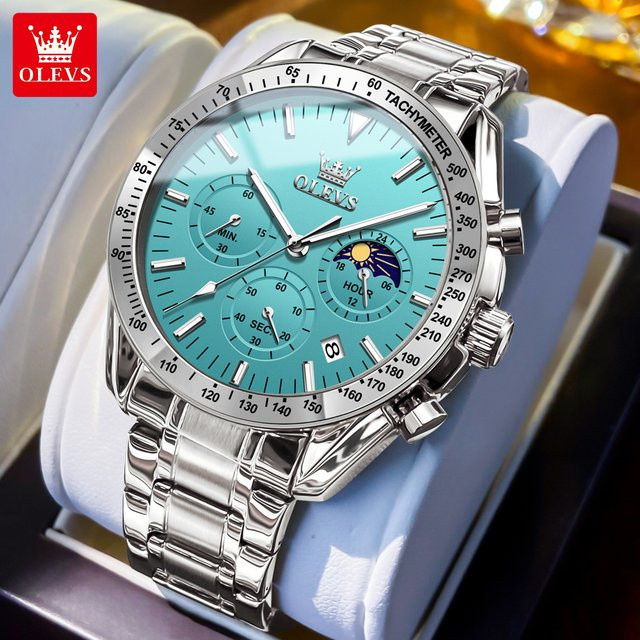 OLEVS Armbanduhr, Quarz, Edelstahl, Mondphase, Schwarz, Herren - Bild 1
