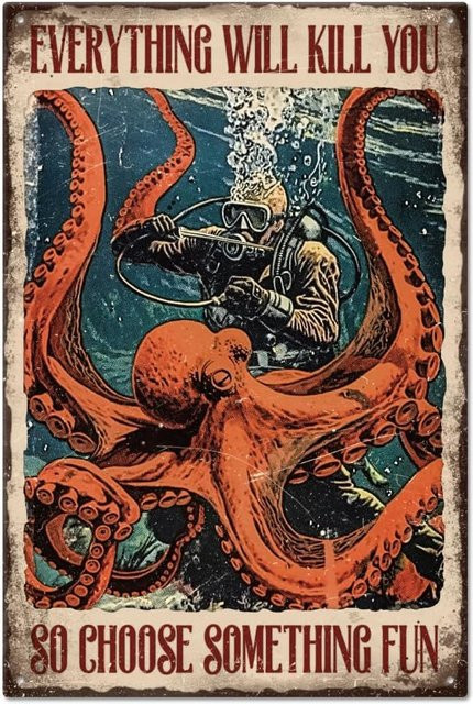 GLOBLELAND Metallblechschild Lustiger Oktopus Everything Will Kill You So Choose Something Fun Wanddeko Vintage B: 30 cm, H: 20 cm - Bild 1