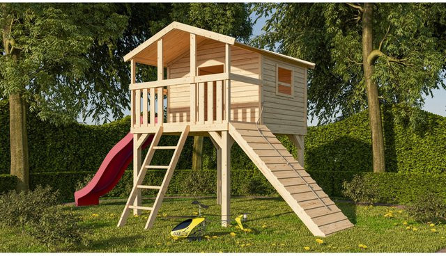 Karibu Stelzenhaus Benjamin Set aus Naturholz mit Rampe und Rutsche in Rot, B/H/T: 198 x 309 x 244 cm, Braun - Bild 1