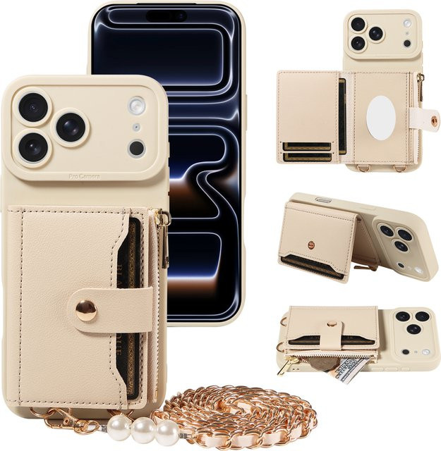 EAACAA Leder-Handyhülle für iPhone mit Spiegel und perlenbesetztem Riemen, stoßfeste Schutzhülle in Schwarz oder Beige - Bild 1