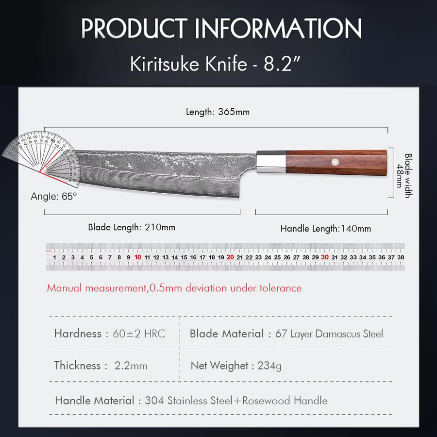 MOSTODOZO Kiritsuke Kochmesser aus handgefertigtem Damaszener Stahl mit Holzgriff, 20,8 cm - Bild 6