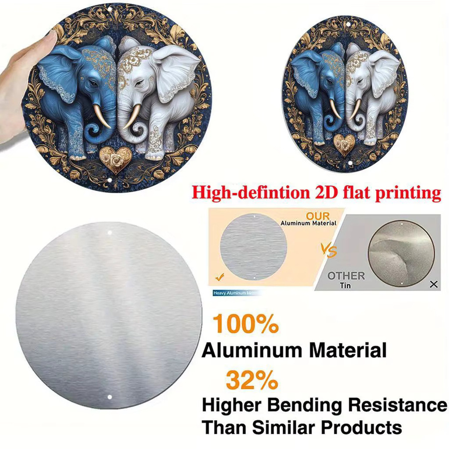 Potdemiel Vintage Elefanten-Paar Wandkunst aus Metall, rundes Aluminiumschild in Multicolour, Durchmesser: 20,3 cm - Bild 3
