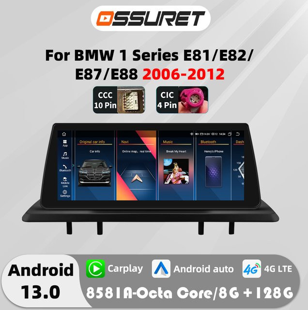 OSSURET 10,25 Zoll Carplay Android 13 Autoradio für BMW 1 Serie E81 E82 E87 E88 (09-16) Multimedia-System in Schwarz - Bild 1