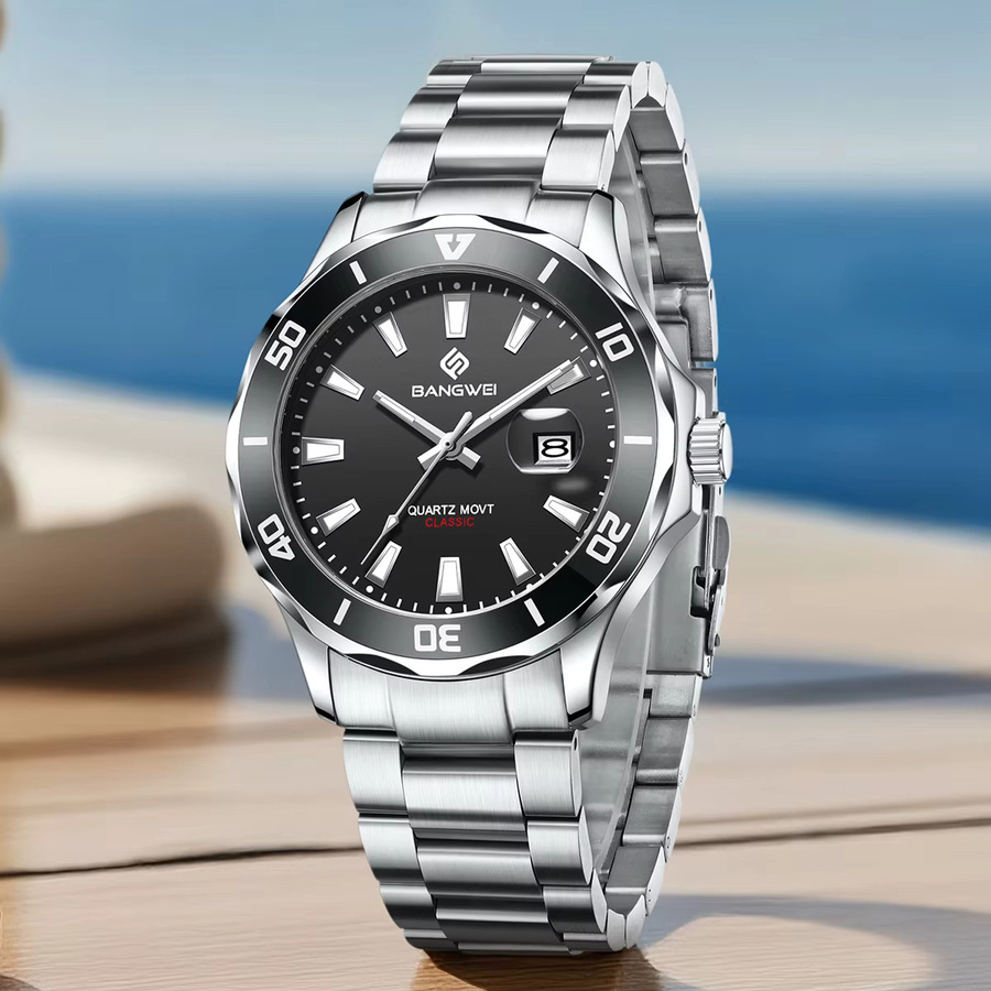 LIGE Armbanduhr Quarz, Edelstahl, Schwarz, Silber, Herren - Bild 2