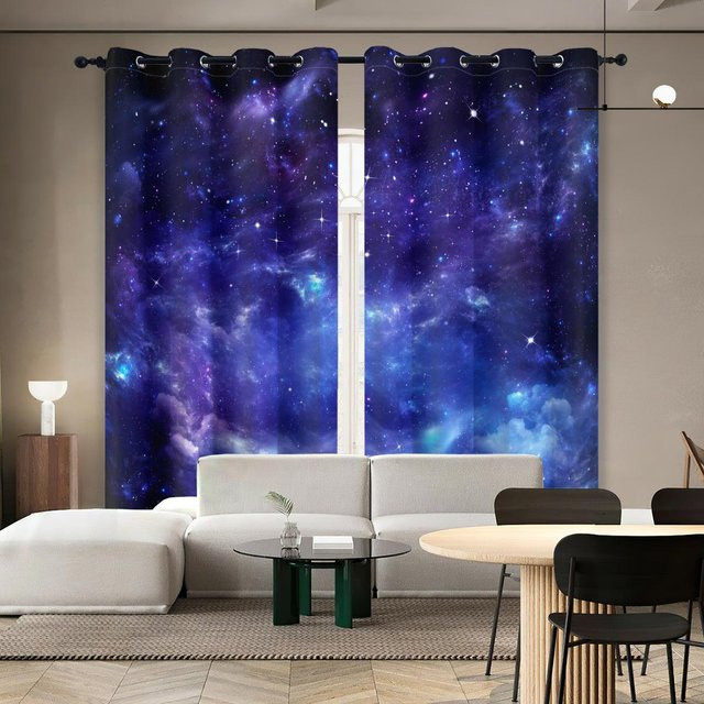 2er-Set hochverdunkelnde Polyestervorhänge mit Nebelgalaxie-Motiv in Blau und Lila, doppelseitig matt, mit Ösen, Breite: 160 cm, Höhe: 264 cm - Bild 1
