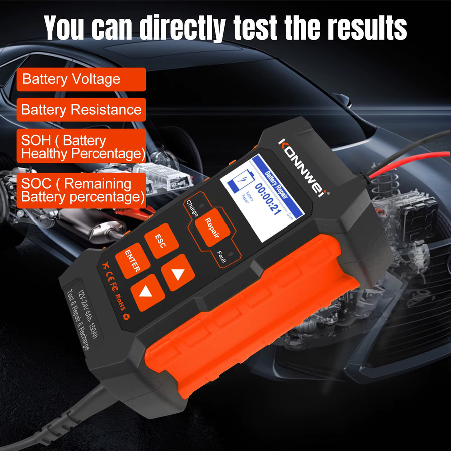 KONNWEi Automotive Batterie Tester in Schwarz mit Puls Reparatur, Spannungserkennung und Startup Test für dein Auto - Bild 3