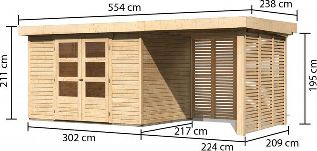 Gartenhaus ASKOLA 4 Naturbelassen mit Anbaudach und Feuerholzoption, B: 302 cm, T: 217 cm - Bild 1