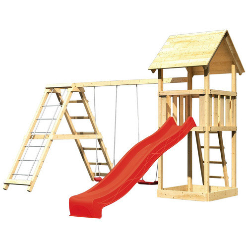 Karibu Spielturm Lotti Klettergerüst mit Doppelschaukel und Rutsche in Rot und Braun - Bild 3