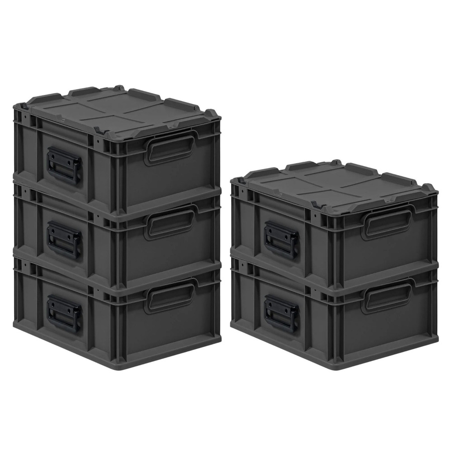PROREGAL Eurobox Nextgen Portable Transportbehälter Set, 5 Stück, Schwarz, H x B x T: 18,5 x 30 x 40 cm, 16 Liter pro Box - Bild 2