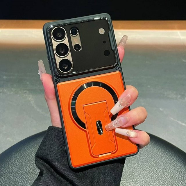 Luxuriöse magnetische Schutzhülle mit Ständer und Linsenschutz für Samsung Galaxy S26 S25 S24 S23 Ultra A57 A56 A37 A36 A17 A16 in Orange - Bild 1