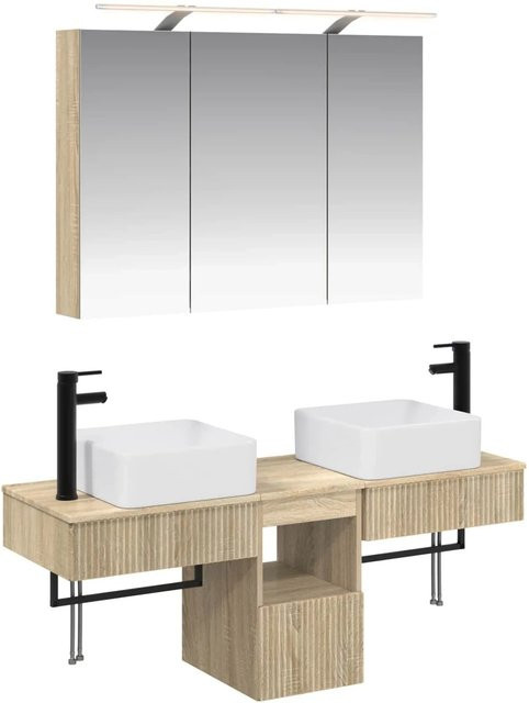vidaXL Badezimmerschrank-Set 4-teilig in Sonoma-Eiche, modern mit LED-Beleuchtung und Spiegelschrank, B/T/H: 100 x 14,5 x 70 cm - Bild 1
