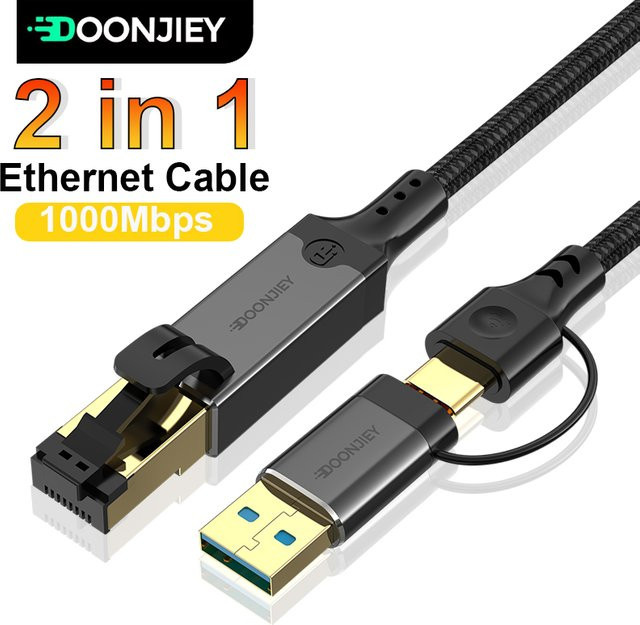DOONJIEY 2-in-1 USB-C zu Ethernet Adapter mit RJ45 Gigabit LAN 1000Mbps für Laptop, PC und Mobiltelefon - Bild 1