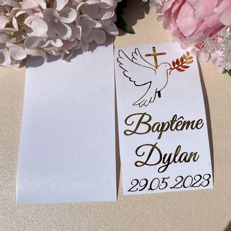 Personalisierte Vinyl Aufkleber mit Gold Kreuz und Taube für Taufe, Hochzeit oder Namensgebung - Bild 6