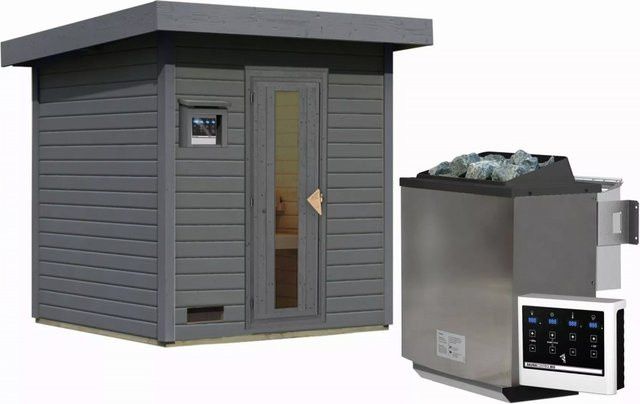 Saunahaus HYTTI 2 in Terragrau mit 9.0 kW BioKombiofen und Steuergerät, B/T: 196 x 196 cm, Wandstärke 38 mm - Bild 1