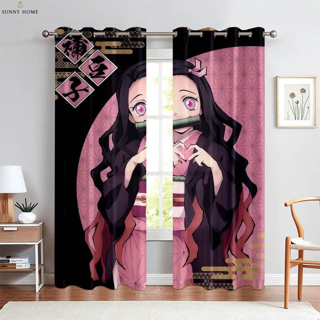 Yiran Furniture Dekorative Anime Cartoon Vorhänge mit Japanischem Comic-Print, 2er-Set, Farbe: Pink, Breite: 100 cm, Höhe: 220 cm - Bild 1