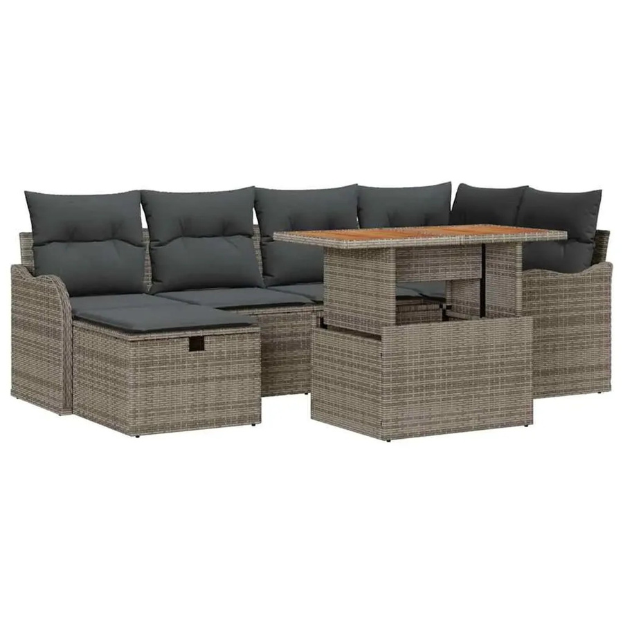 vidaXL Garten-Sofa-Set 7-teilig aus Poly Rattan und Akazienholz in Grau mit Polstern und Kissen - Bild 2